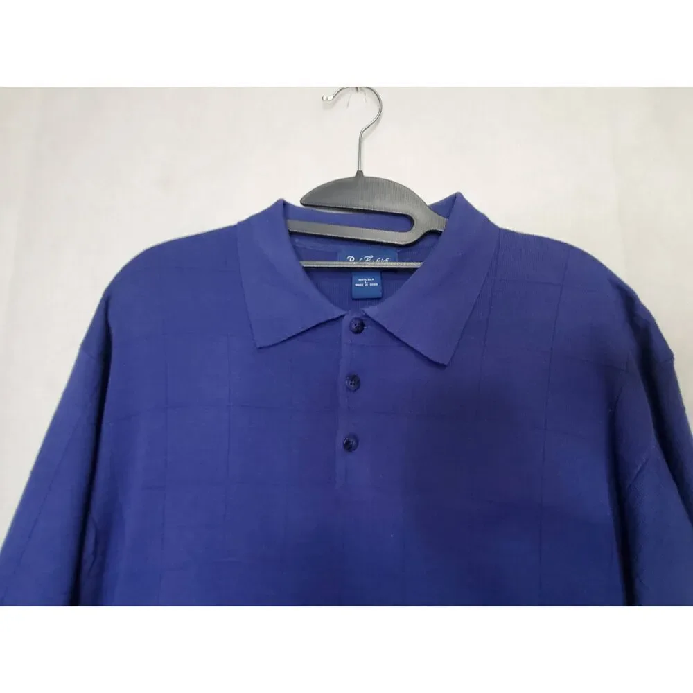 Paul Fredrick 100% Silk Banded Hem Window Pane Navy Blue Men's Polo Shirt